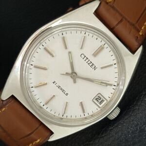 Vintage 1988 Citizen Manual Mens Silver Watch W/date & White accents